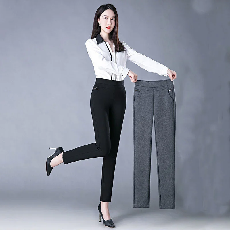 

Горячая Распродажа пикантные брюки, офисные женские универсальные модные брюки-карандаш с карманами и высокой талией, эластичная лента, ве...