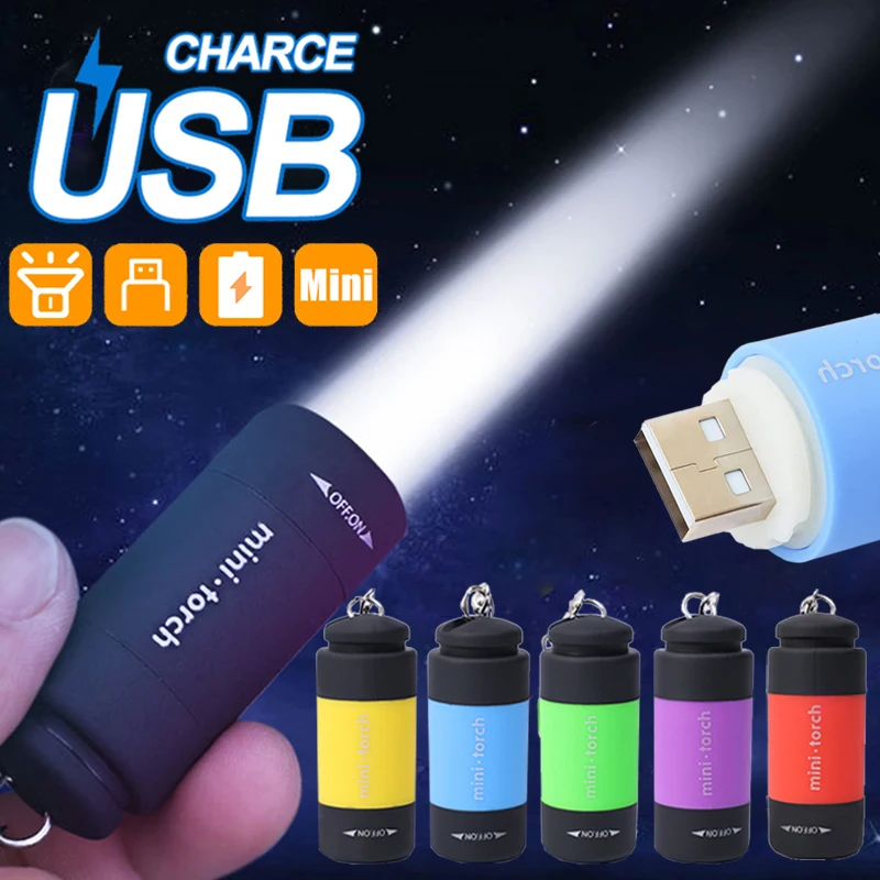 

Mini LED Torch Light USB Charging Portabl Keychain Flashlight Rotary Switch Lamp Waterproof Outdoor Camping Emergency Flashlight