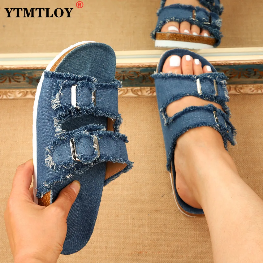 

Summer New Products European Casual Sandals Solid Color Canvas Buckle Belt Denim Flat Slippers Women Slides Sandals Flip Flops