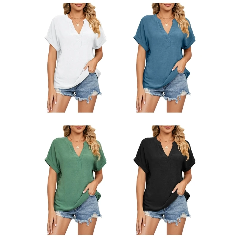 

Women Fashion Blouses Short Sleeve V-Neck Loose Chiffon Blouse Shirt Solid Tops Drop Shipping