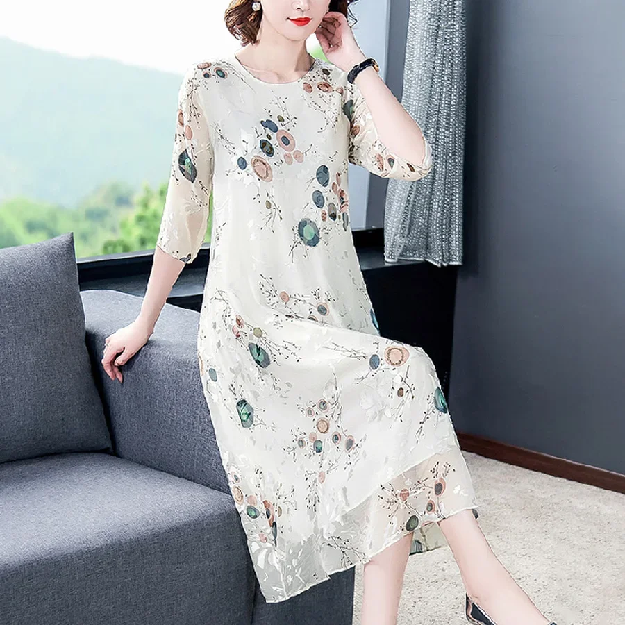 

Spring Summer Natural Silk Midi Dresses Office Lady Vintage White Print Runway Dress Elegant Women Bodycon Party Vestidos J210