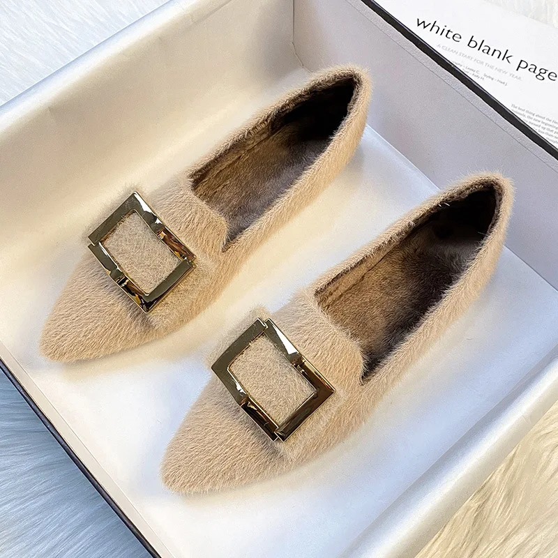 

Furry Shoes Ladies Ballerina Plush Fur Cotton Flats 2022 Brand Metal Buckle Loafers Winter Warm Mink Hair Moccasin Femme Ballets