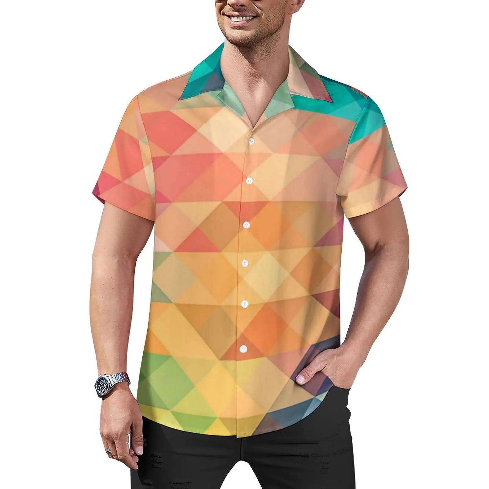 

Pastel Geometry Blouses Male Ombre Shapes Print Casual Shirts Hawaiian Short Sleeve Custom Trending Oversize Beach Shirt Present