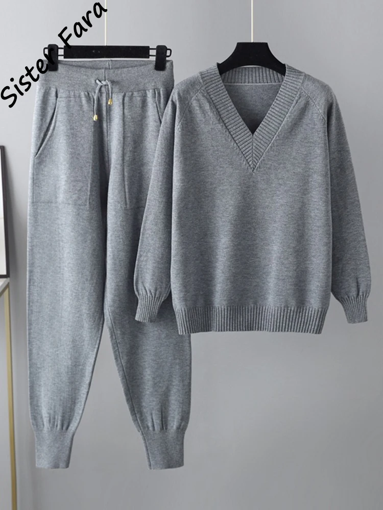 

Sister Fara Winter Knitted 2 Pieces Set Women Drawstring Knit Harem Pants Autumn Sweater V-Neck Pullover Sweater Two Piece Sets