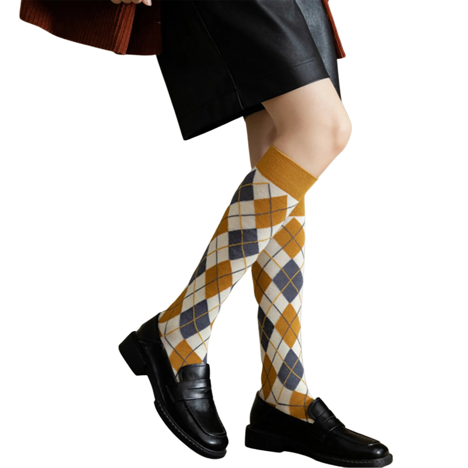 

2PC College Style Knee High Stockings Diamond Pattern Soft Cotton School Student Girl Uniform Stockings for Women Girls