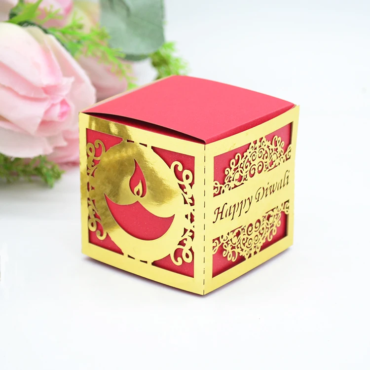 Personalized Candle Design Indian Party Laser Cut Red and Gold Happy Diwali Sweet Gift Box