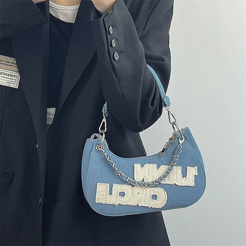 

Women's Trend Vintage Letter Printing Chain Messenger Shoulder Bag Fashion Simple Denim Texture New In Handbag Sac A Main Femme