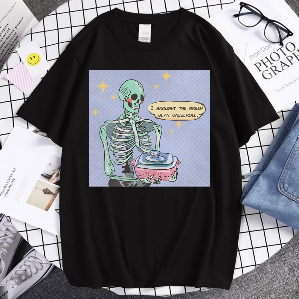 

Skeleton Brought The Green Bean Casserole T Shirt For Men Cotton Graphic Tshirt Funny Brand Clothing Sport S-Xxxl T-Shirt Male
