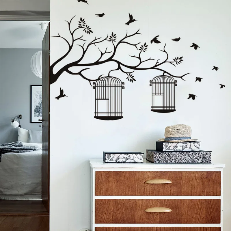 Декоративные самоклеющиеся винилы для стен черное дерево клетка птиц настенные