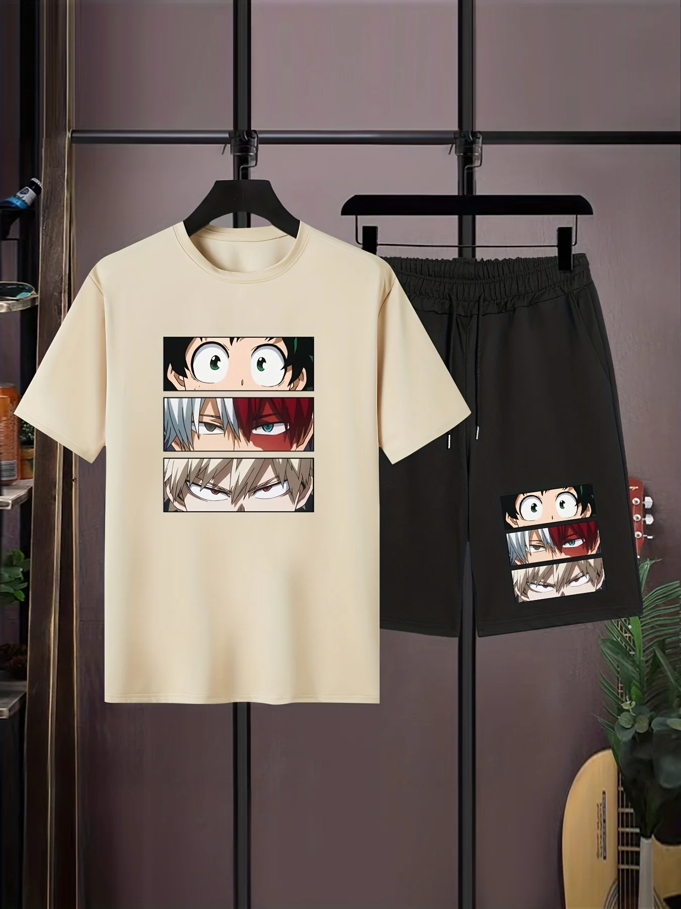 

Anime Men Watching You, Men's 2pcs, Short Sleeve Round Neck T-Shirt A Short Sleeve T-shirt SetShorts Set 2PCS Outfits, Plus Size