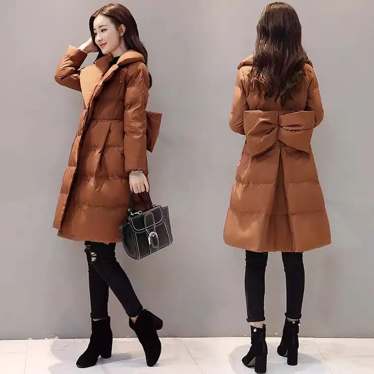 2023 Winter Parkas Women Cotton Jacket Fashion A-line Down Cotton Jackets Thick Warm Long Slim Female Bow Big Swing Cotton Coats