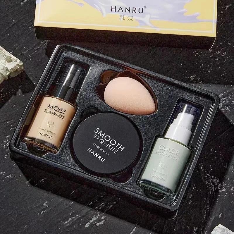 Natural Make-Up For Women Loose Powder Make Up Base Cosmetics Lipstick Concealer Liquid Foundation Makeup Set 4Pcs Gift Box