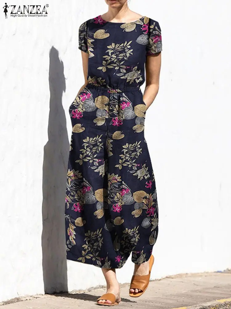 

ZANZEA Bohemian Casual Fashion Casual Work Wide Leg Overalls Women Summer Floral Printed Jumpsuit Short Sleeve O-Neck Rompers