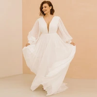 plus size wedding dress deep v neck puffy sleeves simple wedding gown a line pleated draped chiffon illusion bridal dresses 2022