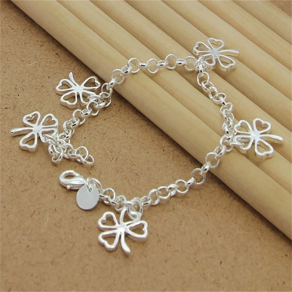 

Top Quality Fashion 925 Sterling Silver Bracelet Four Leaf Clover Bracelet 8 Inches For Women & Men Party Charm Jewelry Gifts