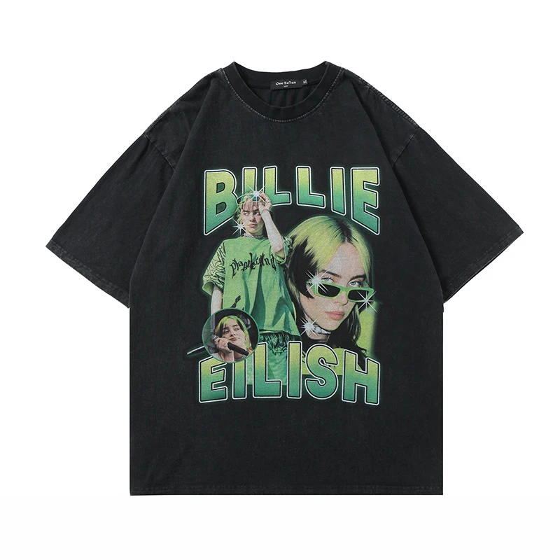 

YIHANKE European and American Harajuku Men's Tide Brand Cotton Printing Loose Street Tide Brand Round Neck Loose T-shirt
