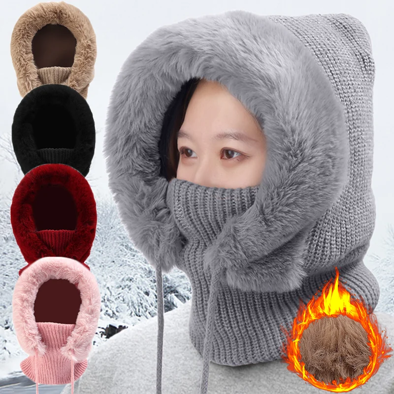 Women Knitted Cashmere Fur Hat Mask Scarf Set Hooded Cap Winter Warm Outdoor Neck Windproof Hats Thick Plush Cycling Beanies