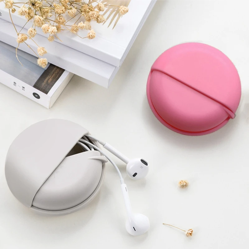 

7x7x3cm Round Macron Slide Push-pull Headphone Data Cable Storage Bag Wired Headphone Case For Household Outdoor Travel