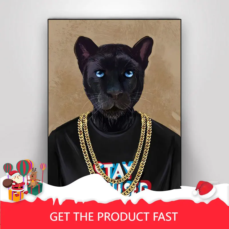 

2022Creative Black Leopard Tiger In Gold Necklace Canvas Painting Millionaire Animal Posters And Prints Wall Art For Room Decor