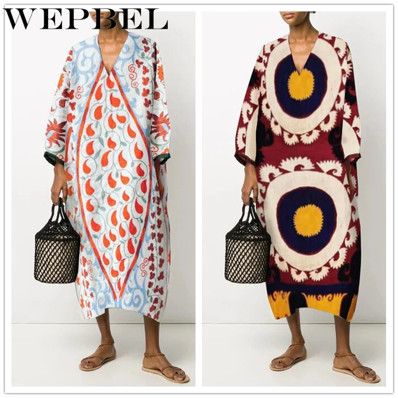

WEPBEL Women Summer dress Sexy Loose Print Dress Casual Ladies Long Sleeve V Neck Boho Style Swing Dress American Clothing