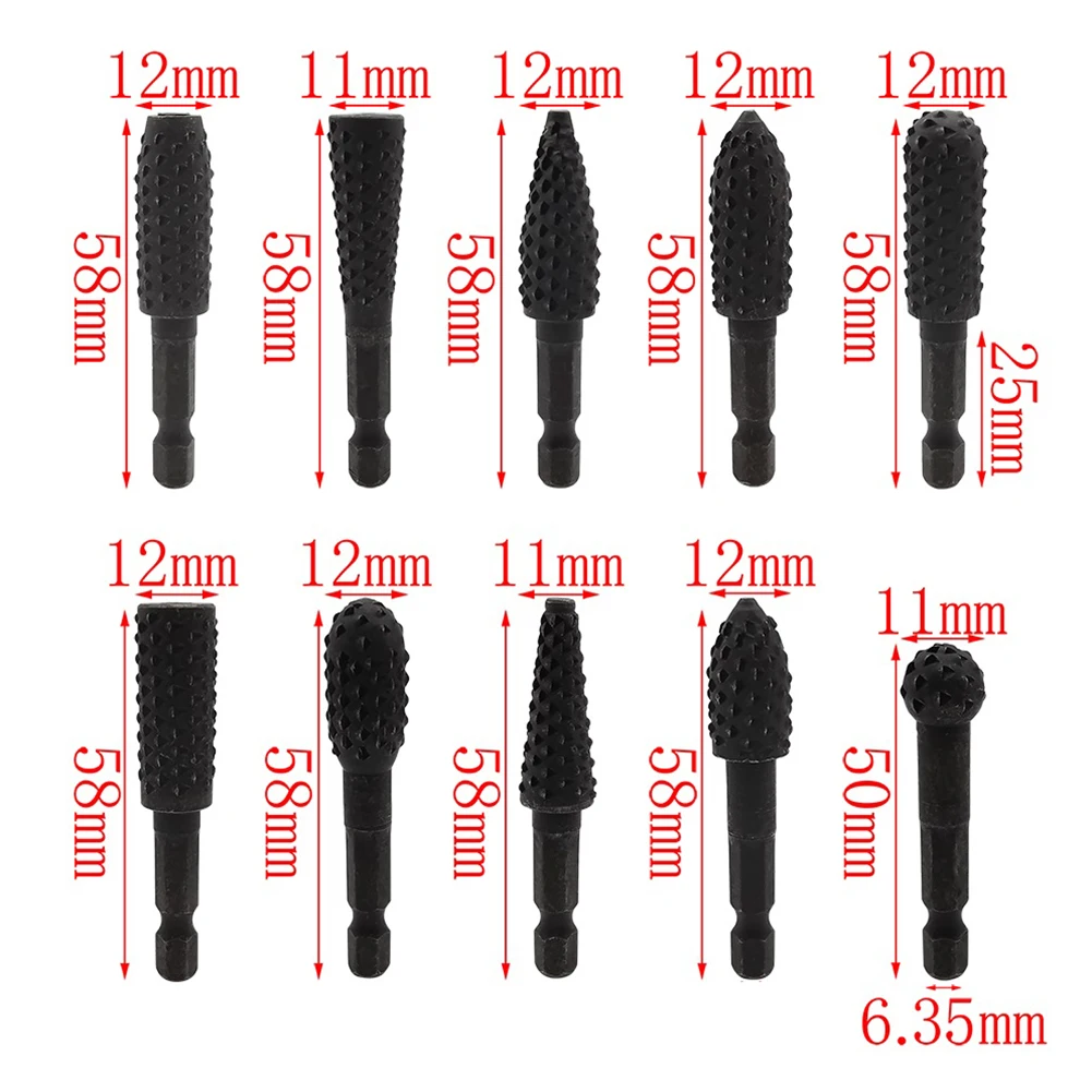10pcs 1/4 Hex Shank DIY Drill Bit Set Rotary File Burr Drill Grinder For Grinding Wood Carving Tool Carpentry Cutting Tools