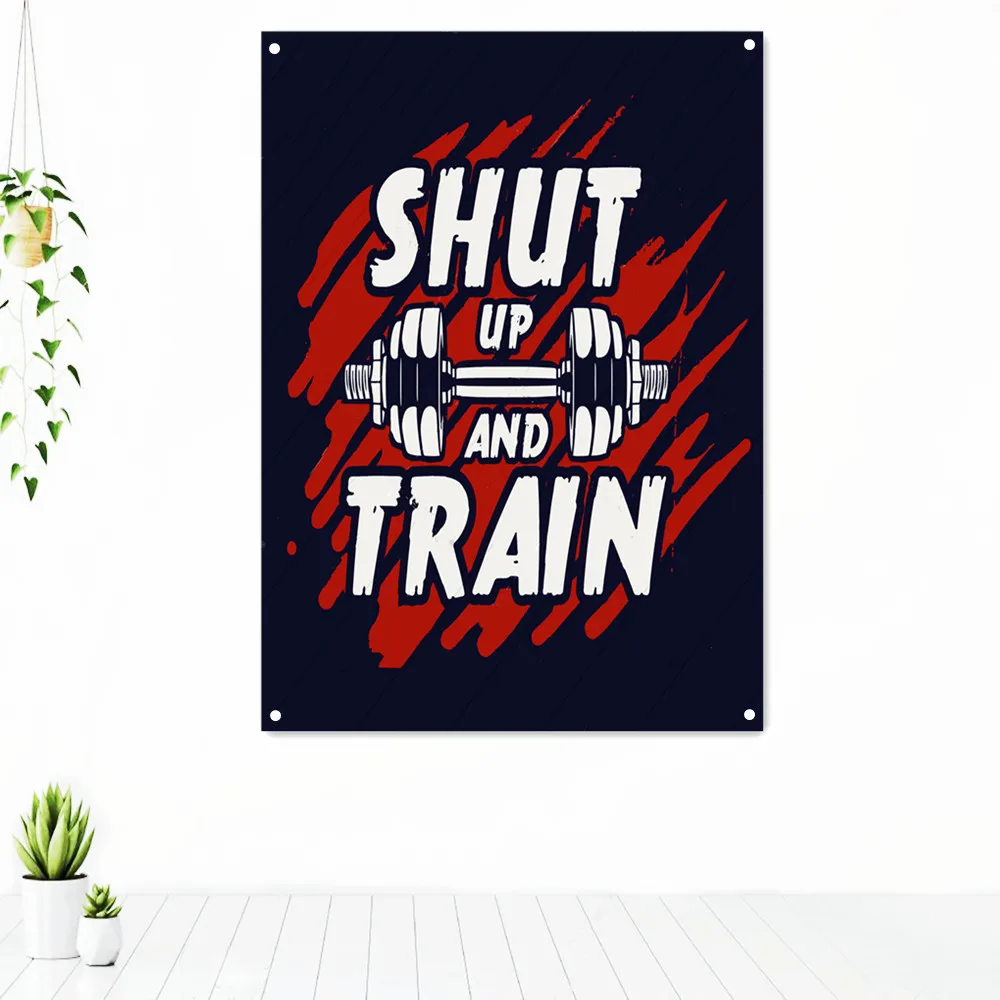 

SHUT UP AND TRAIN Workout Motivational Poster Tapestry Wall Art Fitness Bodybuilding Exercise Banner Flag Stickers Gym Decor