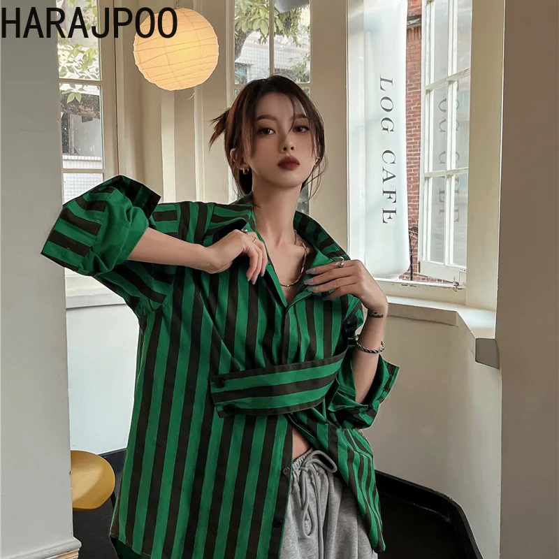 

Женская Полосатая Рубашка Harajpoo, свободная повседневная Асимметричная рубашка с принтом и длинным рукавом, с отворотом, в стиле Харадзюку, н...