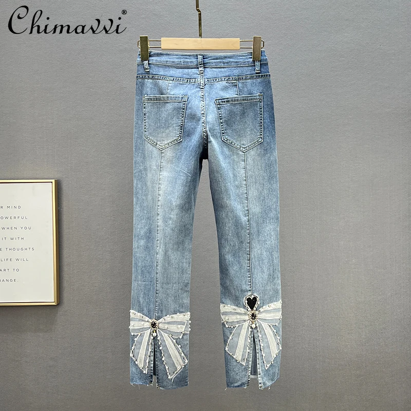 

European Jeans Women's Cigarette Pants 2022 New Spring Summer High Waist Slim Diamond-Embedded Ripped Cropped Straight Pants