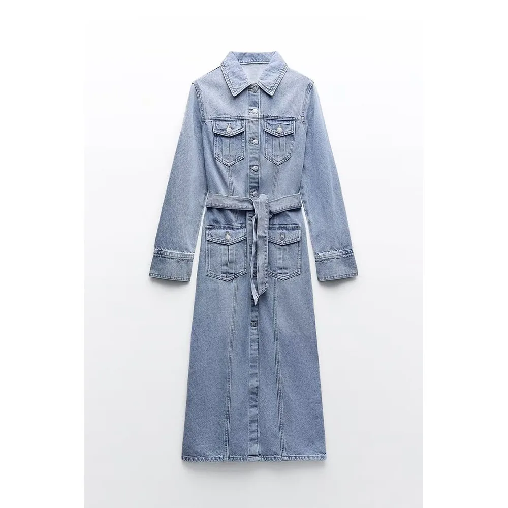 

Женское джинсовое платье миди с отложным воротником, длинным рукавом и карманами