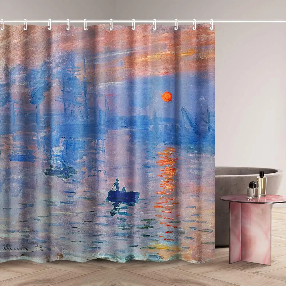 

Bathroom Shower Curtain Set with Hooks Impression Sunrise By Claude Monet Home Art Paintings Pictures for Bathroom Decoration
