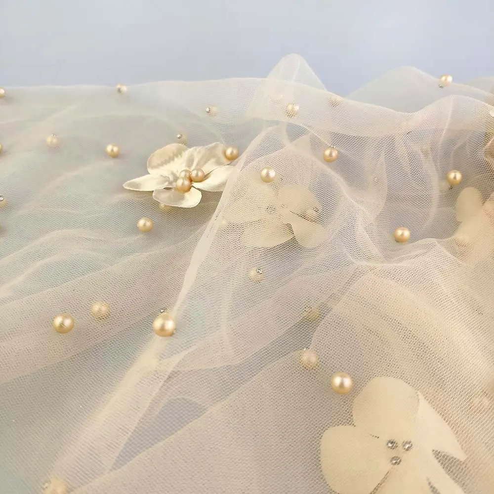 3/5/10yard Soft 3D Mesh Fabric Beads Pearl and Flower Embroidered Lace Tulle Material for Dressmaking Black White Pink by yard - купить по