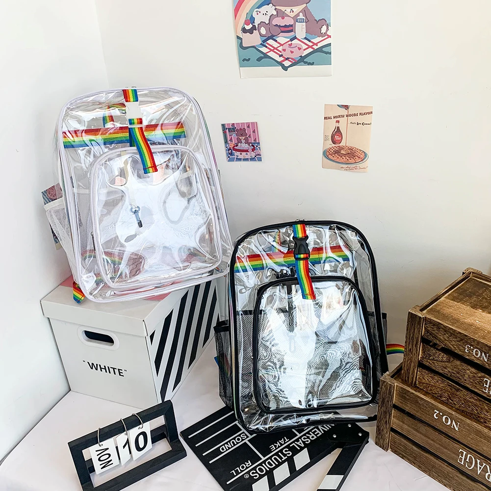 

Casual Clear Backpack Summer Beach Rainbow Transparent See Through PVC Bookbag for Women Fashionable Decoration