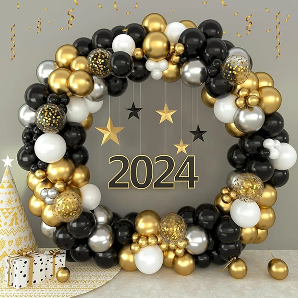 

2024 New Year Black Balloons Garland Silver Gold Confetti Balloon Arch Kit Graduation Birthday Party Wedding Anniversary Decor