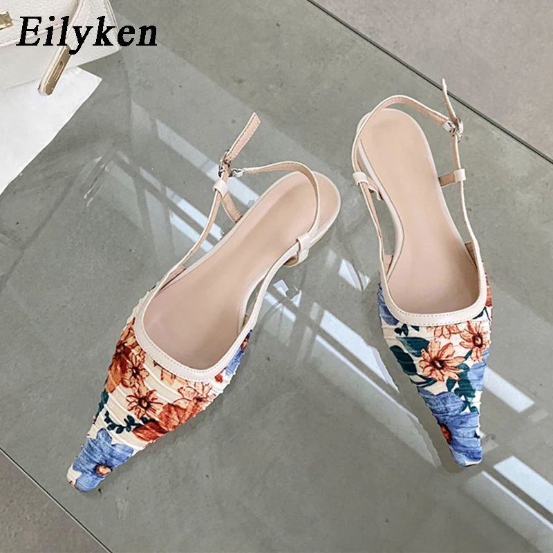 

Eilyken New Brand Summer Slingbacks Printed Totem Elegant Flat Heel Sandals Pointed Toe Buckle Strap Ladies Pump Shoes