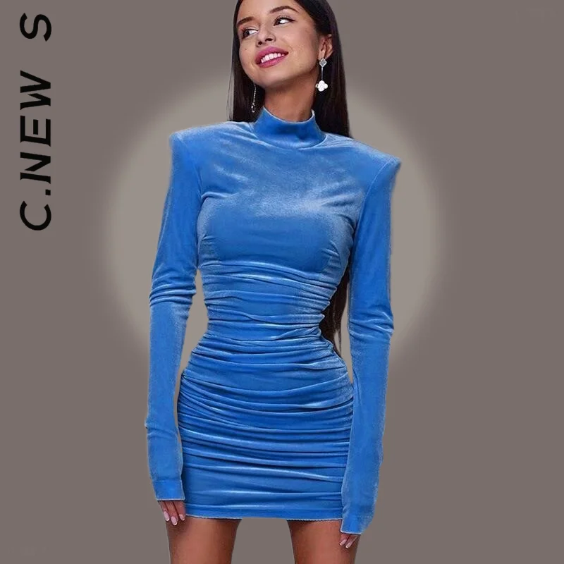 

Women Fashion Dress Bodycon Velvet Long Sleeve High Neck Party Dresses Korean Simple Dress Woman Vestidos Female