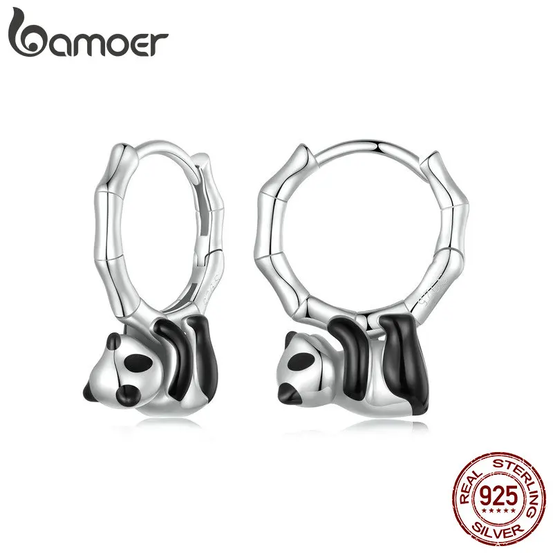 Женские серьги-кольца с пандой BAMOER серебряные Huggie 925 пробы Подарочные ювелирные