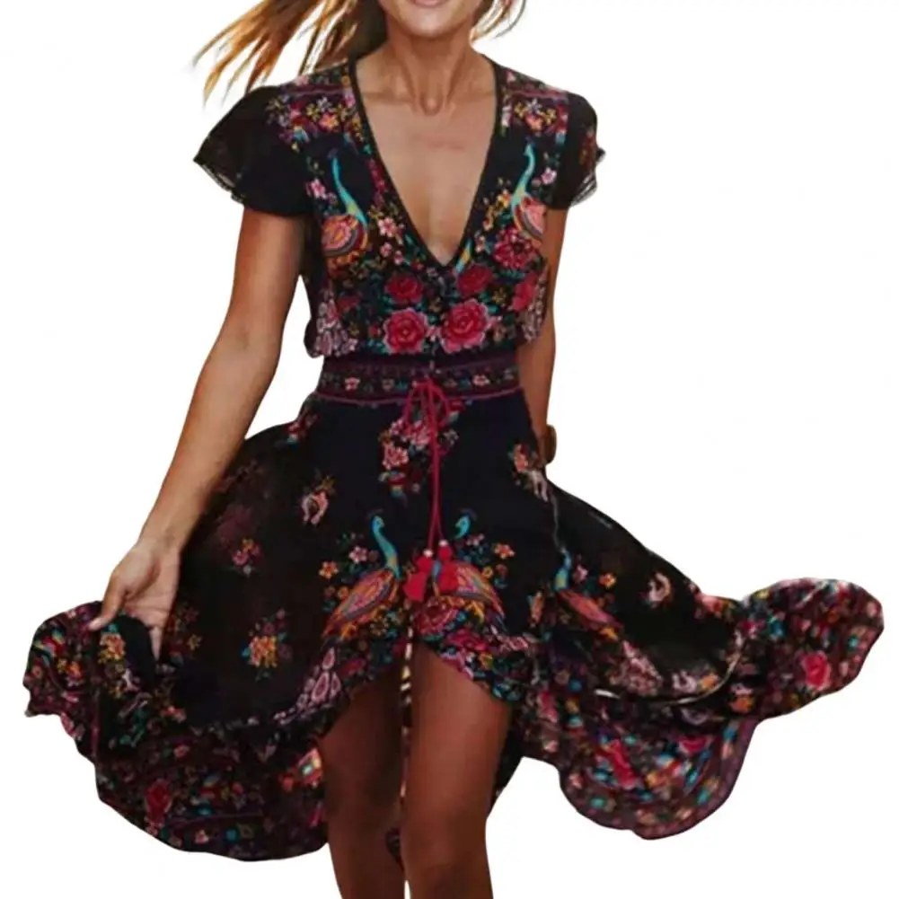 

Flying Sleeve Lace-up Bohemia Flower Pattern Beach Party Dress Streetwear