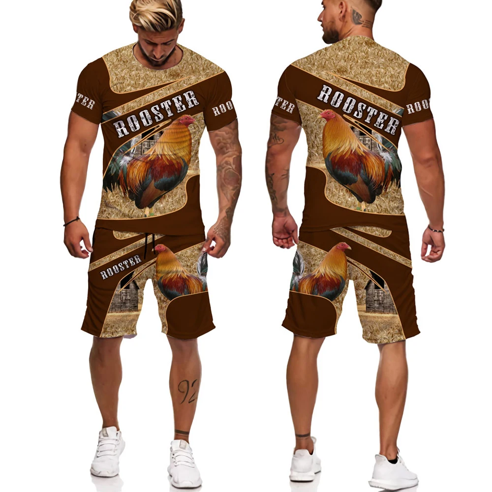 3d Print Rooster Man Summer Set 2 Piece Oversized Tshirt+ Sport Shorts Tracksuit Summer Cock Animal Short Sleeves Sports Suit