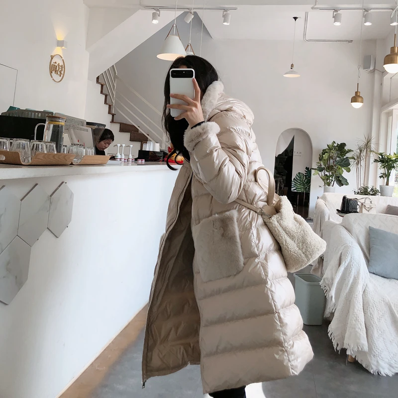 New Women Rabbit Fur Collar Long Down Jacket Casual Style Autumn Winter Coats And Parkas Female Outwear