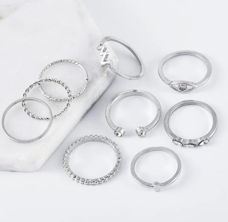 

Women Fashion Bohemian Ethnic Style Ancient Silver Lightning Eyes Ring 9 Pcs/Set
