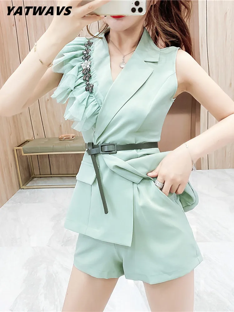 

New Elegant Shorts Two Piece Set Women Summer Fashion Diamond Mesh Ruffles Belt Notched Vest Tops + Wide Leg Shorts Suits Female
