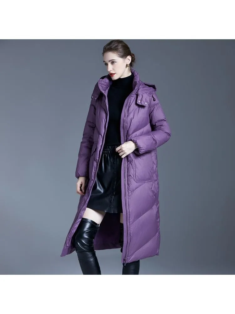 European Station 2022 Winter High End Long Thicked Warmer Black 90 White Duck Down Coats Women Loose Bread Cloth Jackets