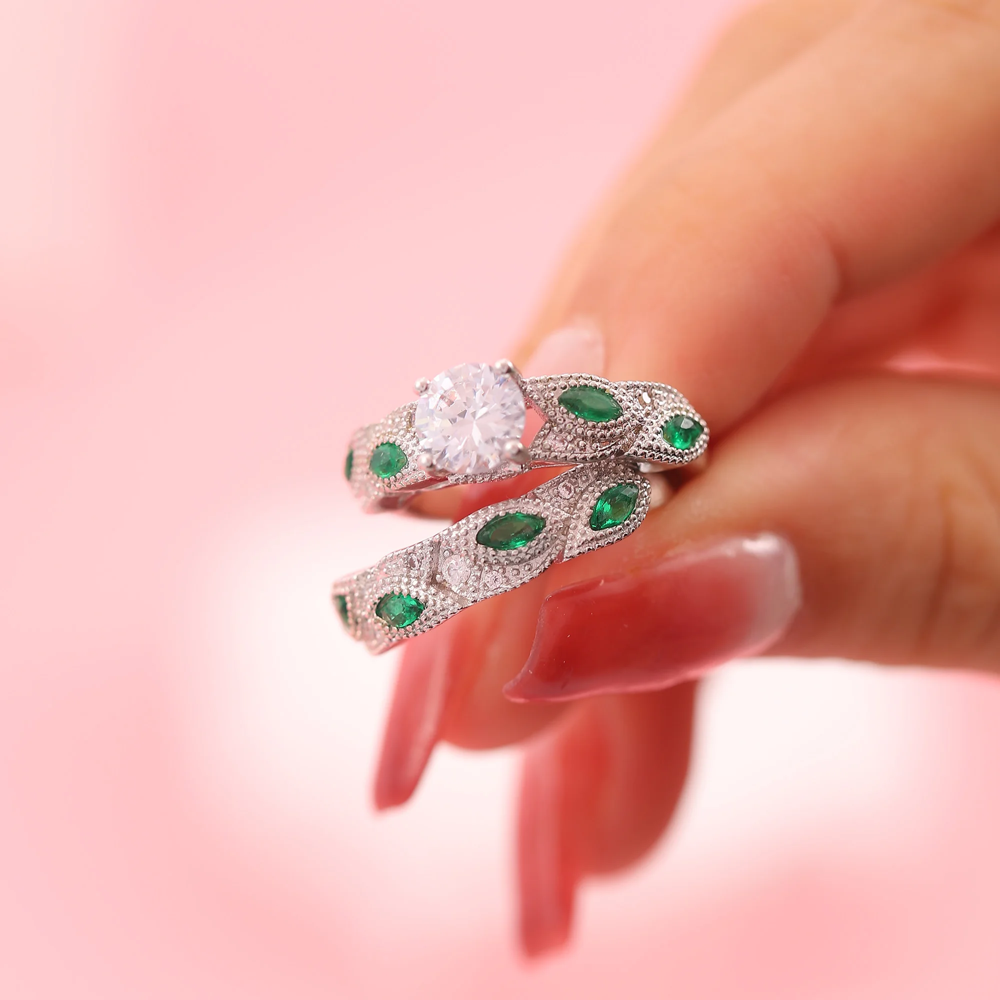 

Fashion Set Ring Fine Green White Zircon Ring Ladies Jewelry Gift