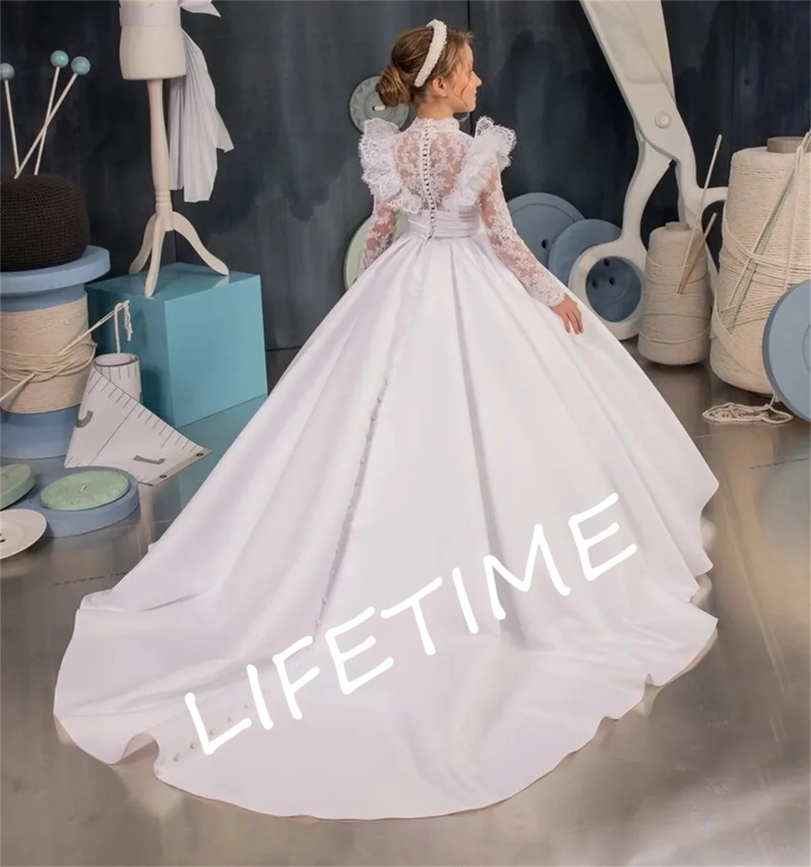 

Атласное белое платье с цветочным рисунком для девочек, свадебное простое кружевное платье в пол с прозрачным воротником, для дня рождения, для первого причастия, бальное платье
