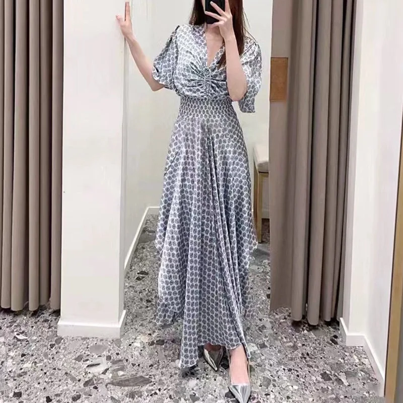 

2023 Early Autumn New Print Irregular Shirred V-neck Dress Women