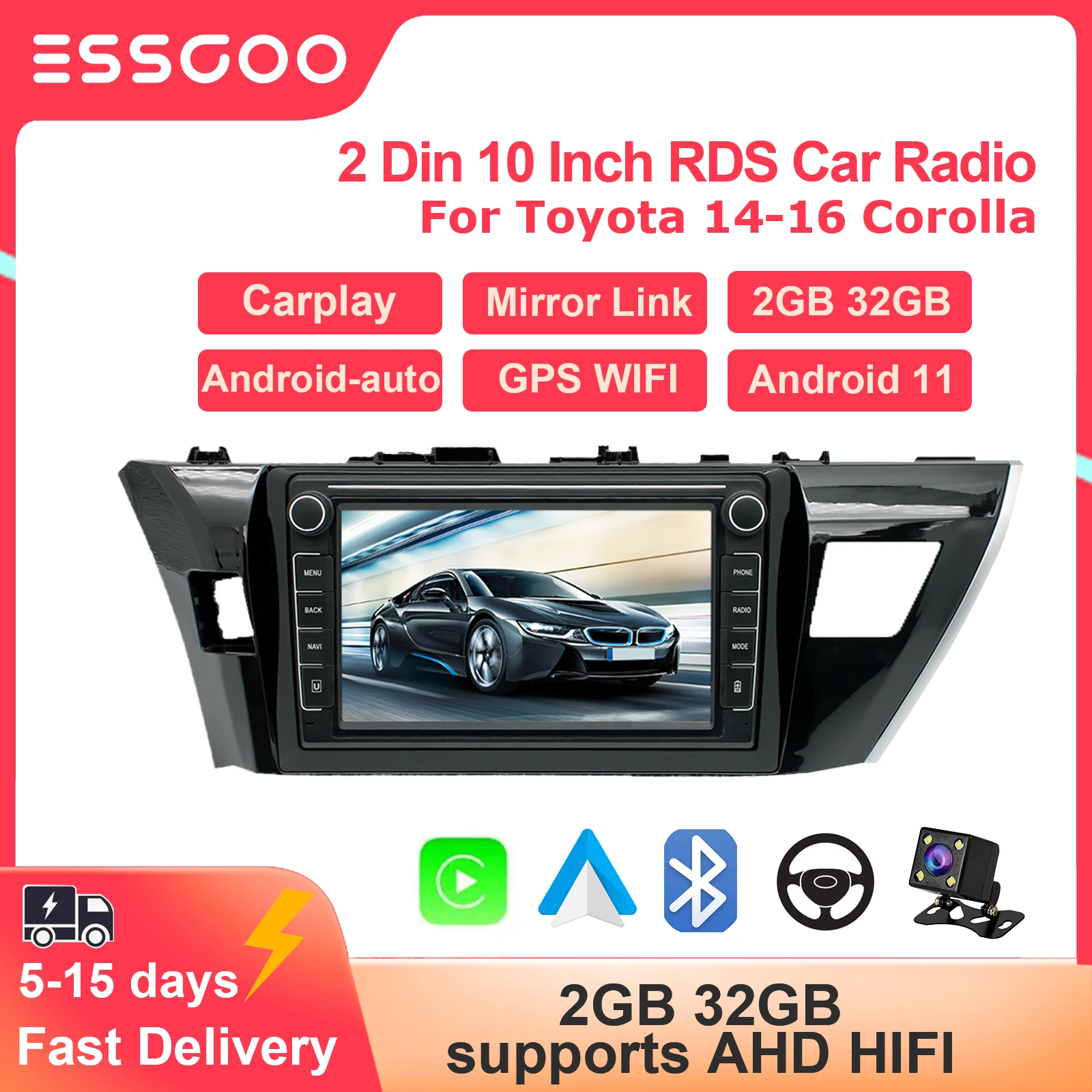 Автомагнитола ESSGOO 2Din, 10,1 дюйма, Android, 2 + 32 ГБ, для Toyota 14-16 Corolla