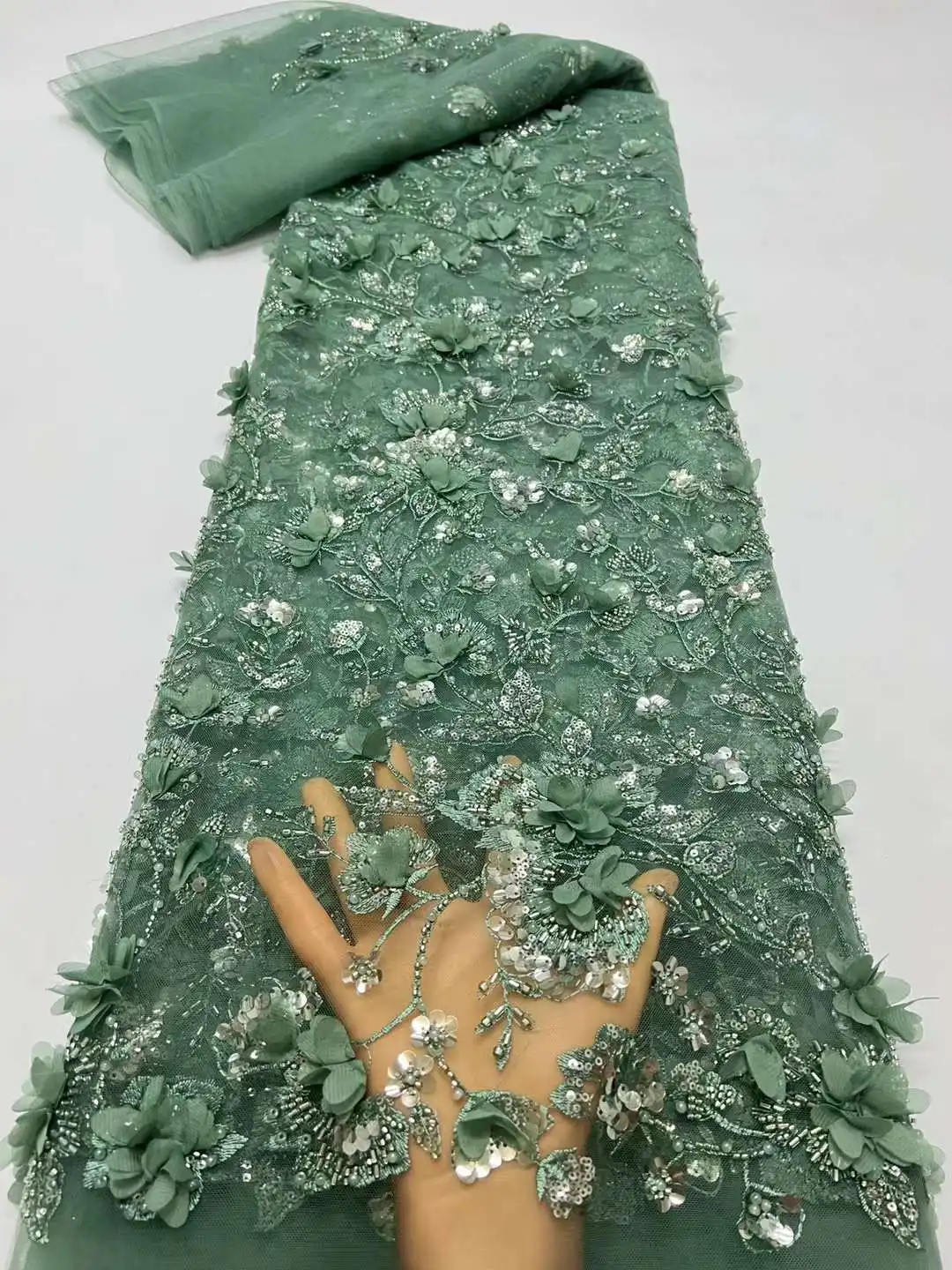 Новинка 2024 3D Цветочная вышивка для женского платья с бусинами Тюлевое кружево