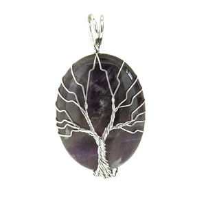 Silver Life of Tree Wire Wrap Amethyst Pendant Necklace 18" Black Cord Spiritual Stone Reiki Healing Chakra  Crystal Jewelry