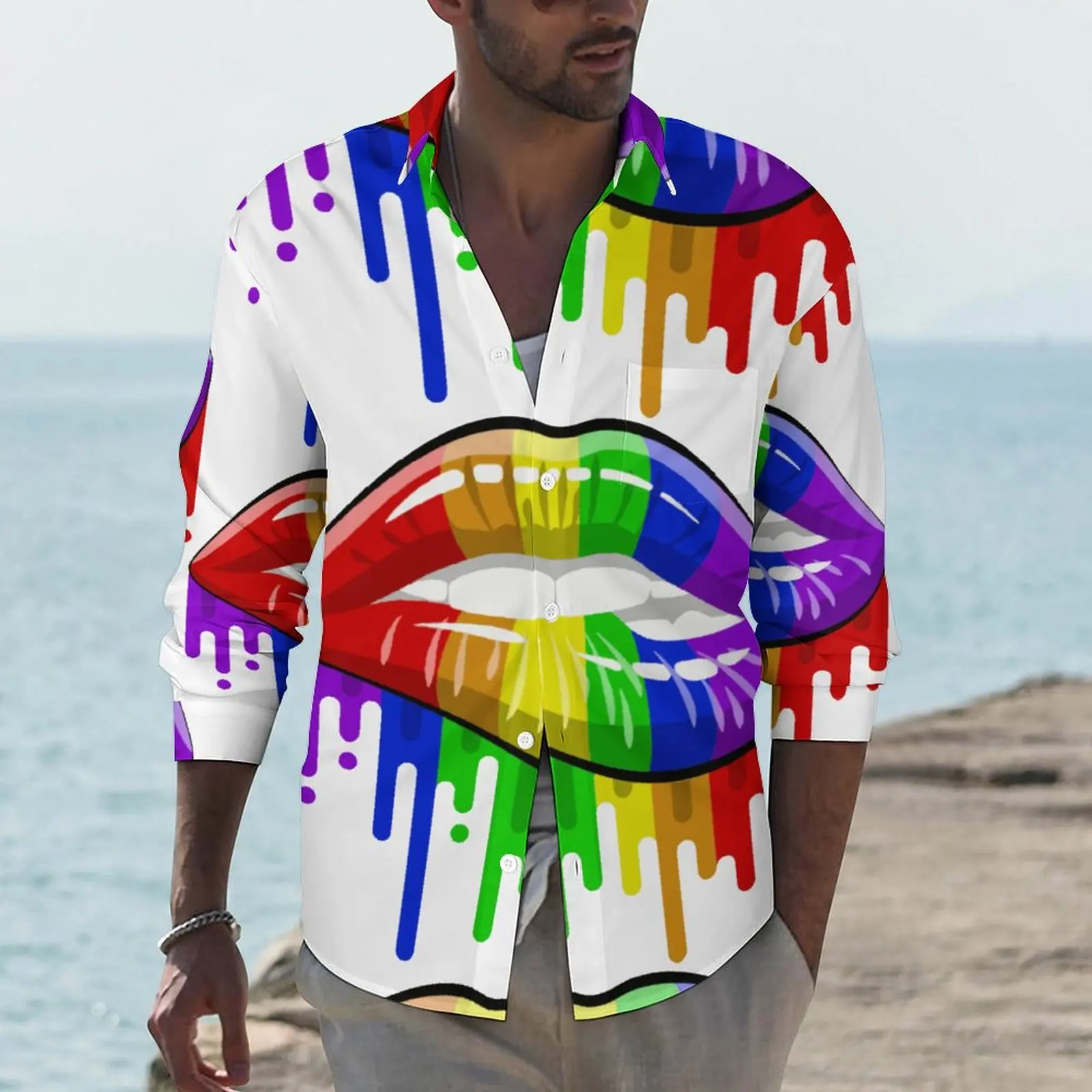 

ЛГБТ губы в Радужном флаге цветная рубашка мужские гордости повседневные рубашки осенние Смешные графические блузки модная одежда оверсайз с длинным рукавом