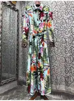 New 2022 Spring Long Dress High Quality Women Turn-down Collar Tropical Prints Belted Long Sleeve Casual Bohemian Maxi Dress